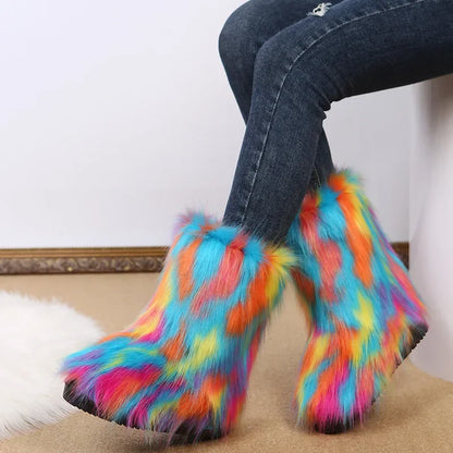 Fashionable Colored Plush Snow Boots Women Winter New Fox Long Hair Comfortable Cotton Shoes Anti Slip Wear-resistant Flat Shoes