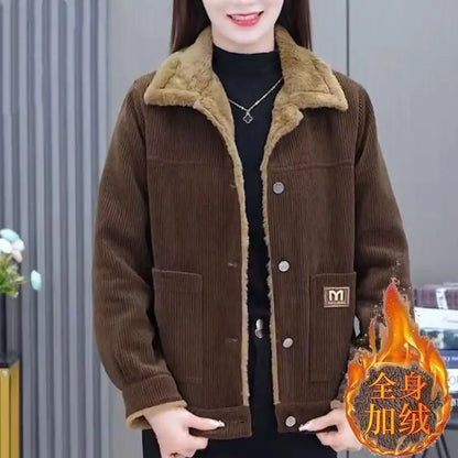 Middle-aged Mother Coat 40 to 50 Years Old 2025 New Fashionable Plus Velvet Warm Corduroy Coat for Women