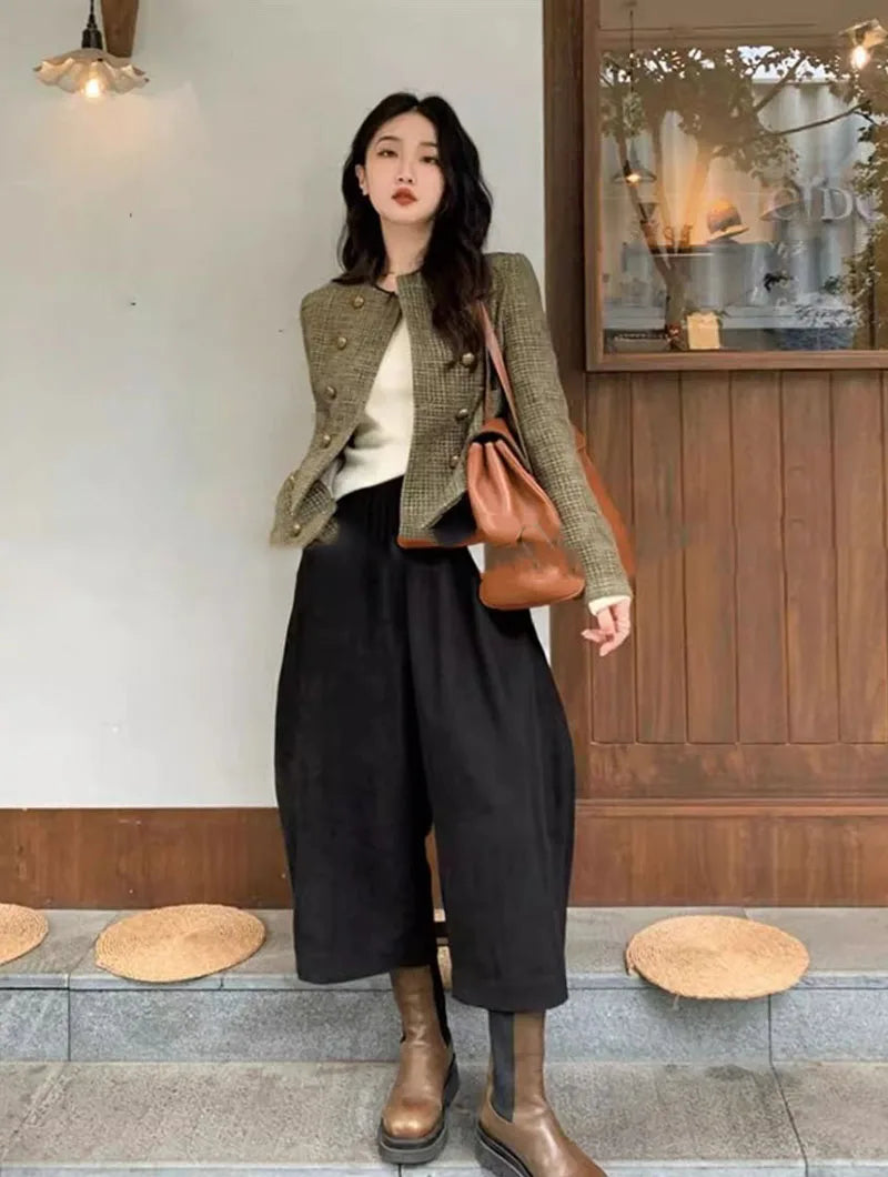 Vintage French Style Cropped Coat Women Korean Fashion Double-Breasted Tweed Jackets Ladies Streetwear Y2K Round Collar Outwear