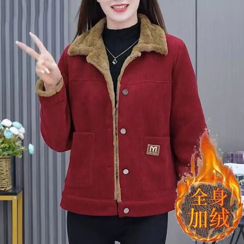 Middle-aged Mother Coat 40 to 50 Years Old 2025 New Fashionable Plus Velvet Warm Corduroy Coat for Women