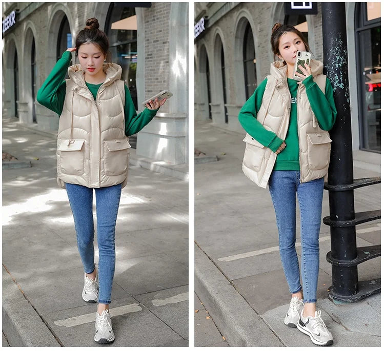 Women's Autumn Hooded Vest Coat 2025 New Short Down Cotton Padded Jacket Sleeveless Female Winter Waistcoat Warm Snow Wear Vests