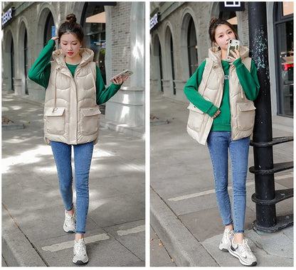 Women's Autumn Hooded Vest Coat 2025 New Short Down Cotton Padded Jacket Sleeveless Female Winter Waistcoat Warm Snow Wear Vests