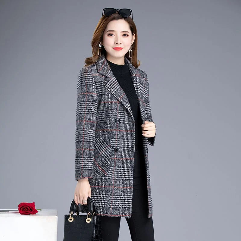 2025 Woolen Coat Women's Autumn Winter Middle-aged Plaid Woolen Blended Coat Elegant Slim Women Jacket Outerwear Overcoat Female