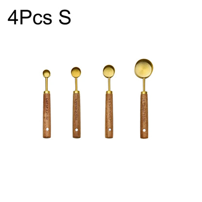 1/4/8Pcs Measuring Cup Spoon Sets Stainless Steel Wooden Handle Coffee Flour Scoop Bartending Scale Kitchen Cooking Gadget Sets