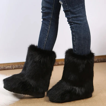 Fashionable Colored Plush Snow Boots Women Winter New Fox Long Hair Comfortable Cotton Shoes Anti Slip Wear-resistant Flat Shoes