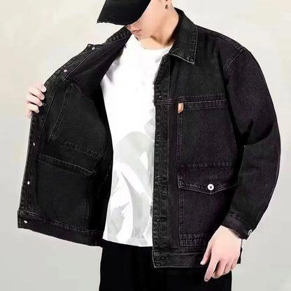 Trendy Denim Jacket Turn-down Collar Men Coat Long Sleeves Mid Length Spring Denim Coat  Thermal