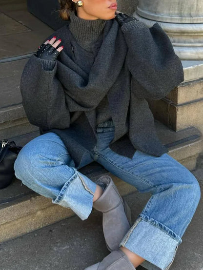 Knitted Short Coat Jacket Shawl Fashion Loose Casual Sleeved Coat Autumn Lady Cape Scarf Collar Outwear Pullover Sweater