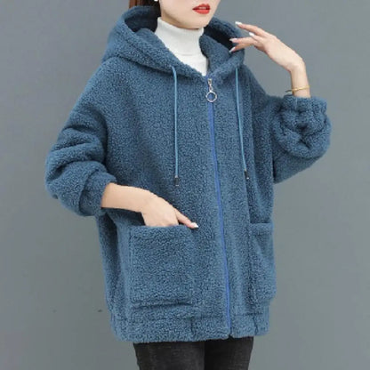 Women Coat Autumn Winter Hooded Drawstring Coat Long Sleeve Pockets Zipper Placket Thick Plush Cardigan Outwear Streetwear