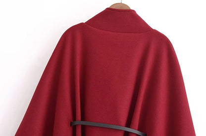 Women's Spring Fashion Cloak with Belt Simple Batwing Sleeves Adjustable Waist Strap Elegant Coat for Ladies