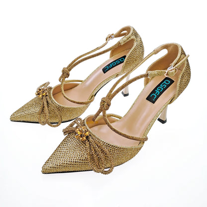 QSGFC Latest Party Women's Shoes and Bags Set Pointed Toe High Heels Full Upper Inlaid D.Purple Color Rhinestones