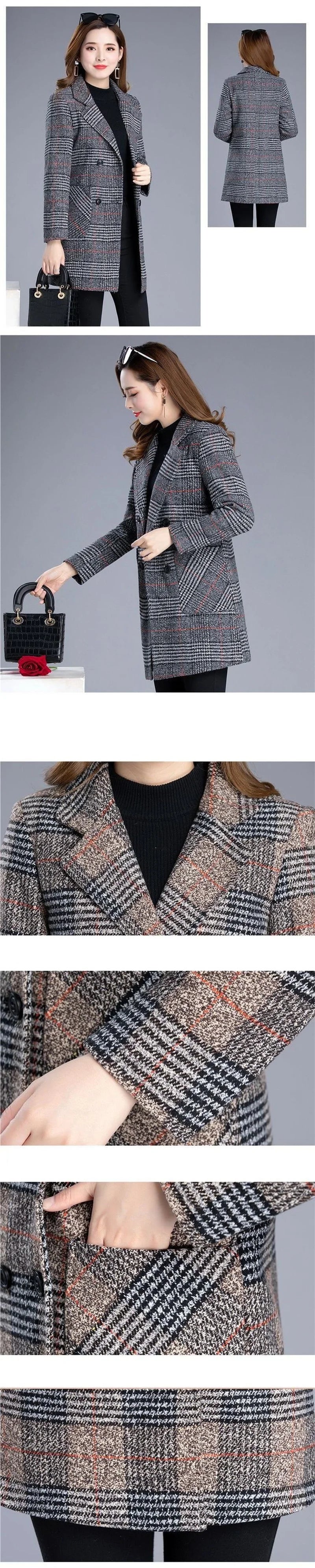 2025 Woolen Coat Women's Autumn Winter Middle-aged Plaid Woolen Blended Coat Elegant Slim Women Jacket Outerwear Overcoat Female