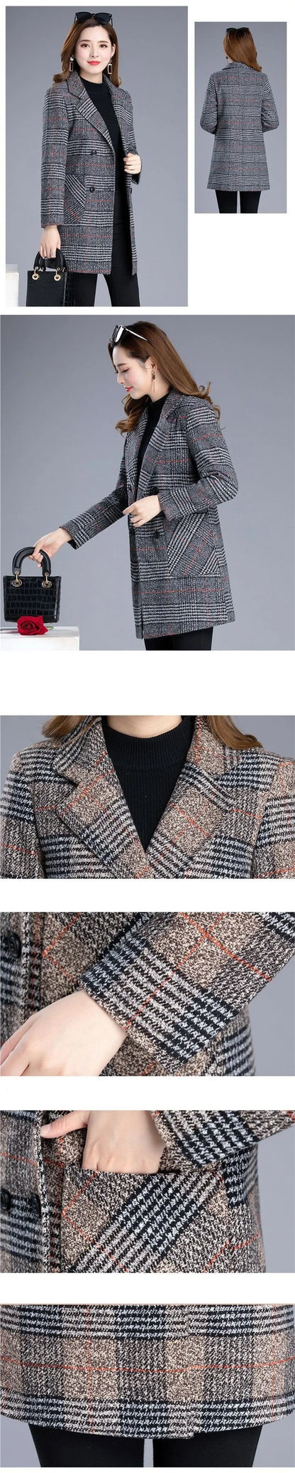 2025 Woolen Coat Women's Autumn Winter Middle-aged Plaid Woolen Blended Coat Elegant Slim Women Jacket Outerwear Overcoat Female