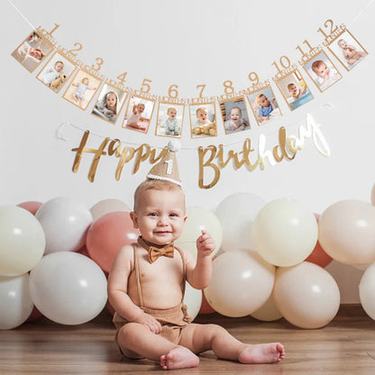Baby 1st Birthday Decoration Photo Banner 12Months Photo Props Boy Girl One Year First Birthday Party Photograph Bunting Garland