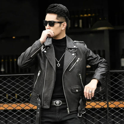 Men Outdoor Sport Leather Jacket Motorcycle Cool Coat Jacket Men Lapel Leather Jackets Mens Fashion Clothing Real Leather Coat