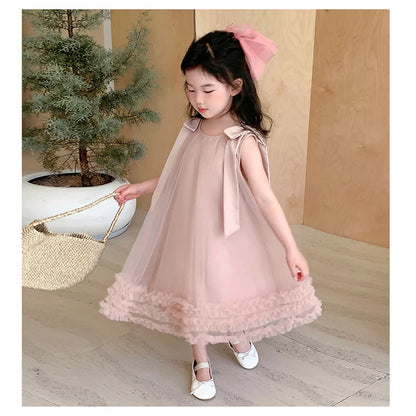 Sleeveless Loose Beach Mermaid Dress Baby Girls Cute Ruffled Pink Bow Lace Irregular Dress Graduation Ball Gown Party Dress 2025