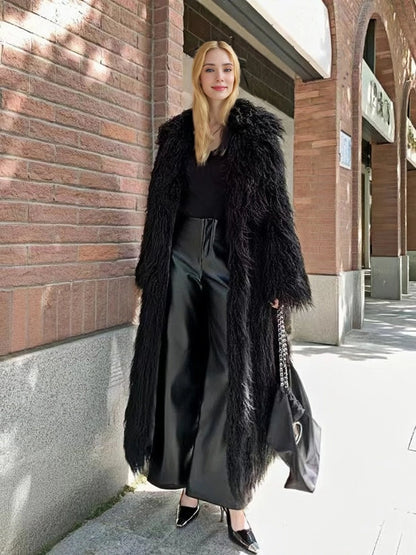 Women'S Elegant Long Faux Fur Coat -  Casual & Comfortable with Pockets, Perfect for Fall/Winter Outdoor Wear, Stylish Long Coat