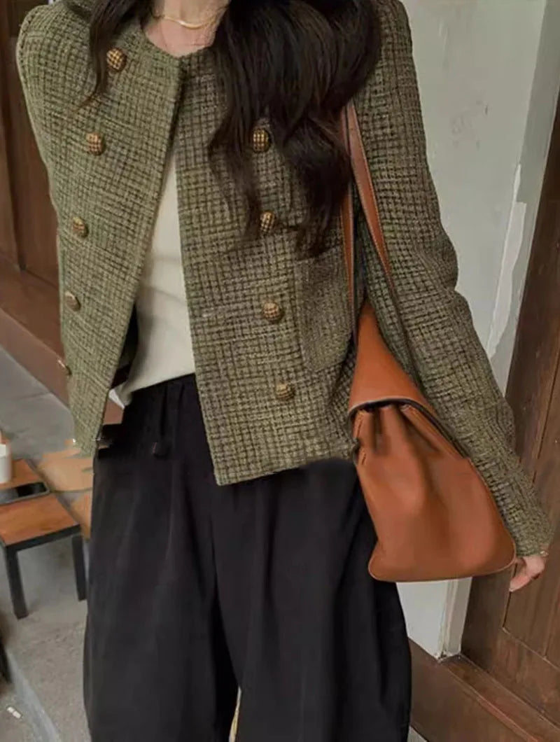 Vintage French Style Cropped Coat Women Korean Fashion Double-Breasted Tweed Jackets Ladies Streetwear Y2K Round Collar Outwear