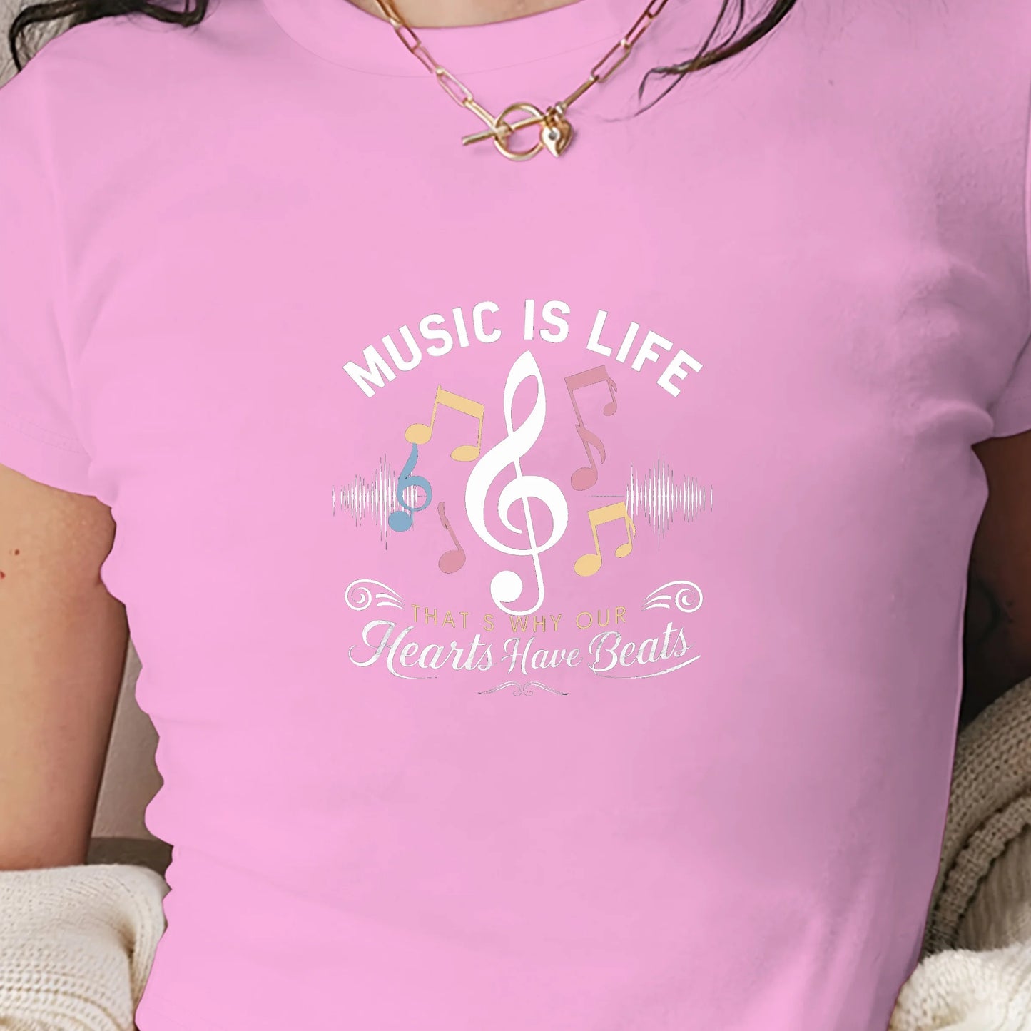 MUSIC IS LIFE Women's Fashion Short T-Shirt Slim Fit Y2K Style with Printed Pattern Knitted Fabric