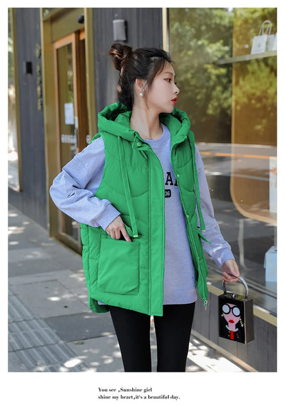Women's Autumn Hooded Vest Coat 2025 New Short Down Cotton Padded Jacket Sleeveless Female Winter Waistcoat Warm Snow Wear Vests