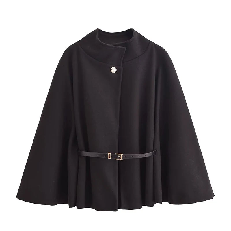 Women's Spring Fashion Cloak with Belt Simple Batwing Sleeves Adjustable Waist Strap Elegant Coat for Ladies