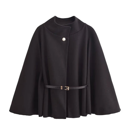 Women's Spring Fashion Cloak with Belt Simple Batwing Sleeves Adjustable Waist Strap Elegant Coat for Ladies