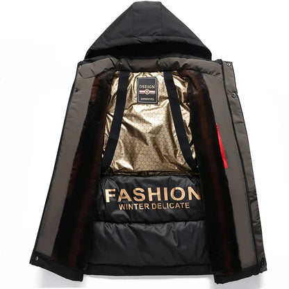 Men Winter Thick Warm Parka Coat Fleece Inside Male Solid Color Hooded Thick Jacket  Men's Middle Long Coat Size