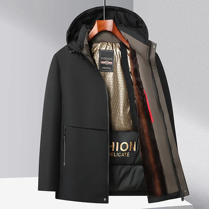Men Winter Thick Warm Parka Coat Fleece Inside Male Solid Color Hooded Thick Jacket  Men's Middle Long Coat Size