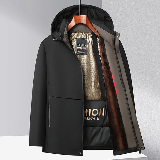 Men Winter Thick Warm Parka Coat Fleece Inside Male Solid Color Hooded Thick Jacket  Men's Middle Long Coat Size