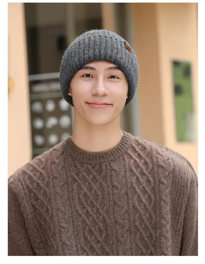 Winter Hats For Men Thickened Knitted Beanie Ear Protection Solid Color Cold Hat Keep Warm Baggy Cap Male Korean Elastic New