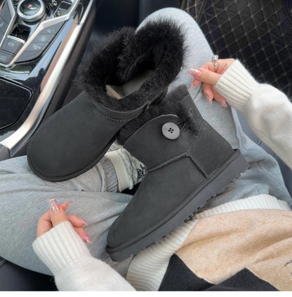 One button low cut, high-end quality 2-in-1 genuine leather, real wool, sheepskin fashionable and warm chestnut thick snow boots