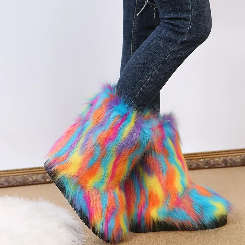 Fashionable Colored Plush Snow Boots Women Winter New Fox Long Hair Comfortable Cotton Shoes Anti Slip Wear-resistant Flat Shoes