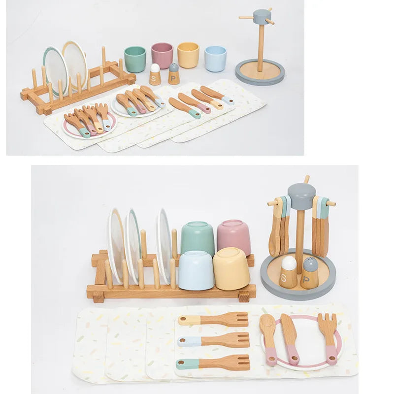 Children Early Education Wooden Tablewear Simulation Restaurant Knife Fork Cup Dish Spoon Western Food Kitchenware Set Wood Toys