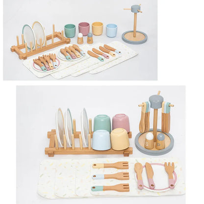 Children Early Education Wooden Tablewear Simulation Restaurant Knife Fork Cup Dish Spoon Western Food Kitchenware Set Wood Toys