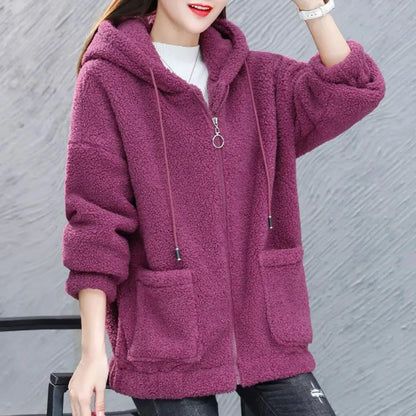 Women Coat Autumn Winter Hooded Drawstring Coat Long Sleeve Pockets Zipper Placket Thick Plush Cardigan Outwear Streetwear