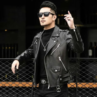 Men Outdoor Sport Leather Jacket Motorcycle Cool Coat Jacket Men Lapel Leather Jackets Mens Fashion Clothing Real Leather Coat