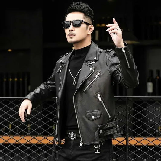 Men Outdoor Sport Leather Jacket Motorcycle Cool Coat Jacket Men Lapel Leather Jackets Mens Fashion Clothing Real Leather Coat