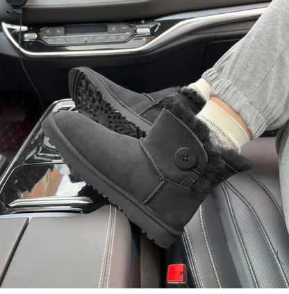 One button low cut, high-end quality 2-in-1 genuine leather, real wool, sheepskin fashionable and warm chestnut thick snow boots