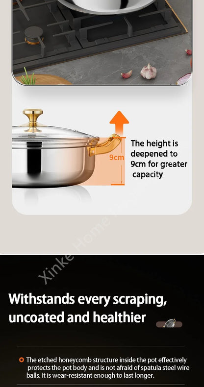 30cm Stainless Steel Frying Pan Honeycomb Non-stick Soup Pot wok with lid Home Induction Cooker Gas Stove Stew Kitchen Cookware