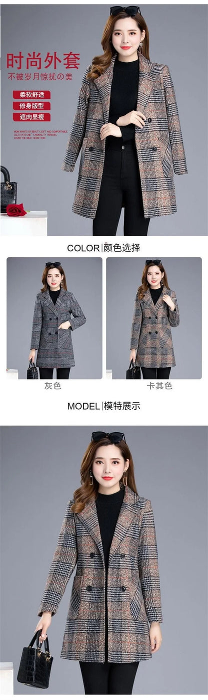 2025 Woolen Coat Women's Autumn Winter Middle-aged Plaid Woolen Blended Coat Elegant Slim Women Jacket Outerwear Overcoat Female