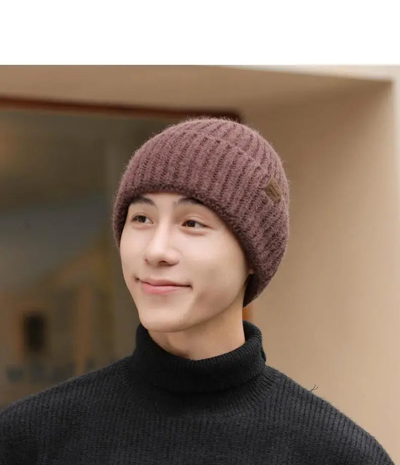 Winter Hats For Men Thickened Knitted Beanie Ear Protection Solid Color Cold Hat Keep Warm Baggy Cap Male Korean Elastic New