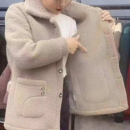 Women Jacket Coat Stylish Women's Lapel Jacket Coat with Imitation Lamb Wool Long Sleeve Thickened Outwear for Autumn Winter
