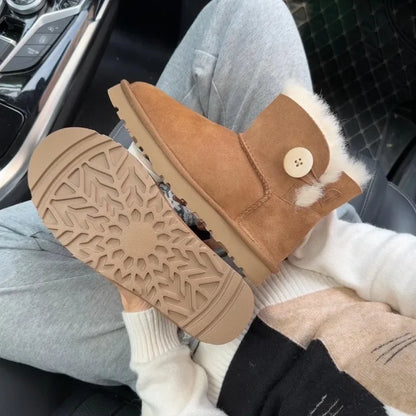 One button low cut, high-end quality 2-in-1 genuine leather, real wool, sheepskin fashionable and warm chestnut thick snow boots