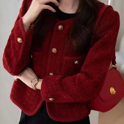 2025 New Burgundy Coat for Women in Autumn and Winter French Temperament Versatile Tweed Versatile Top