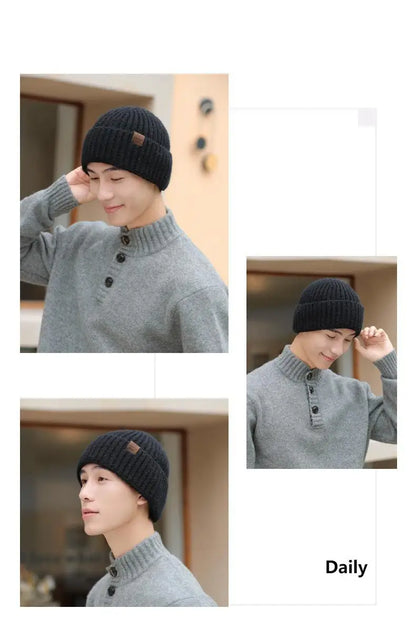 Winter Hats For Men Thickened Knitted Beanie Ear Protection Solid Color Cold Hat Keep Warm Baggy Cap Male Korean Elastic New