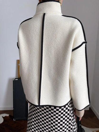 New Women's Double-Sided Woolen Coat Autumn Winter Loose Short Cardigan Outerwear Female Casual Stand-up Collar Jacket Top 3XL
