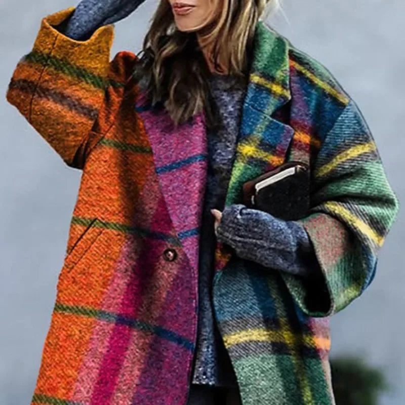 2025 New Women's Tweed Coat Contrast Color Plaid Loose Fit Outerwears Fall and Winter Fashion Casual Trench Coats