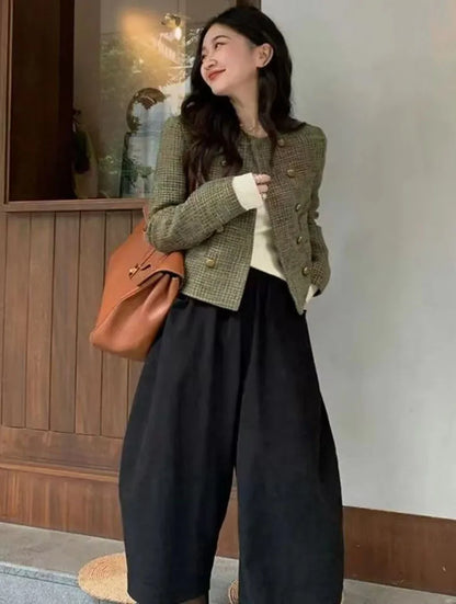 Vintage French Style Cropped Coat Women Korean Fashion Double-Breasted Tweed Jackets Ladies Streetwear Y2K Round Collar Outwear