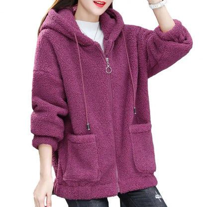 Women Coat Autumn Winter Hooded Drawstring Coat Long Sleeve Pockets Zipper Placket Thick Plush Cardigan Outwear Streetwear