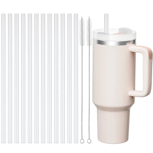 Replacement Straws for Stanley 40 oz Cup Tumbler, 12 Pack Clear Reusable Plastic Straws, 2 Straw Brushes,for Stanley Cup