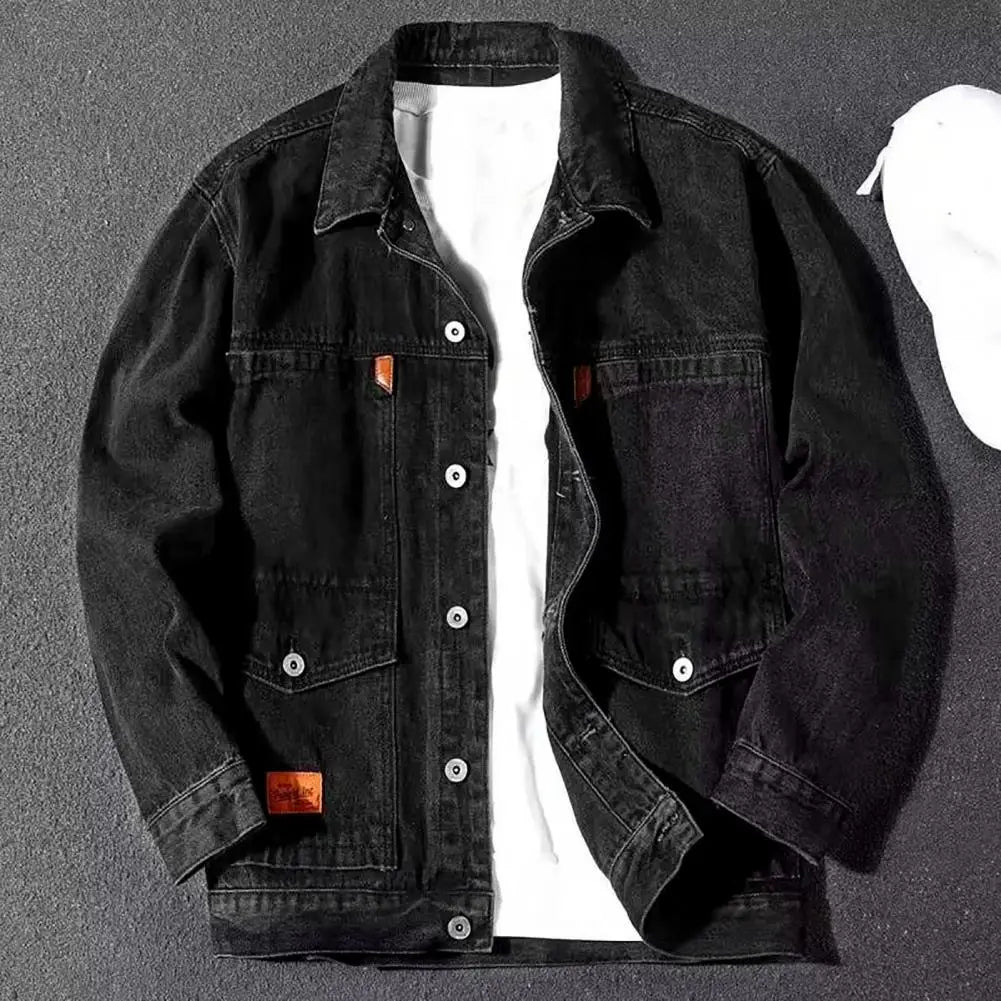 Trendy Denim Jacket Turn-down Collar Men Coat Long Sleeves Mid Length Spring Denim Coat  Thermal